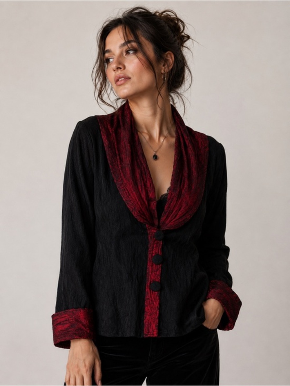 Lee Andersen Black Red Textured Artwear Jacket Blouse Made in USA Small